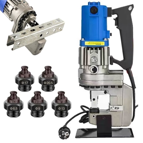 Elektrischer Hydraulischer Lochstanzer, 1300W Winkelprofilstahl Stanzwerkzeug, Hydraulischer Lochstanzer mit 5 Matrizen für Eisen-, Kupfer-, Aluminiumplatte und Winkel S