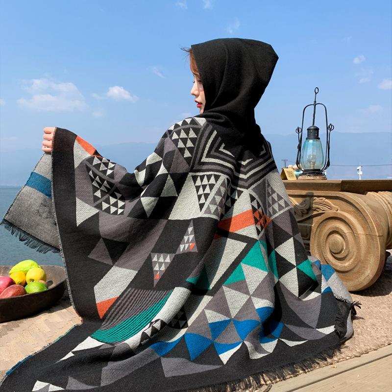Travel large shawl women's imitation cashmere with double-sided cape geometric pattern fringe air-conditioning room cape summer