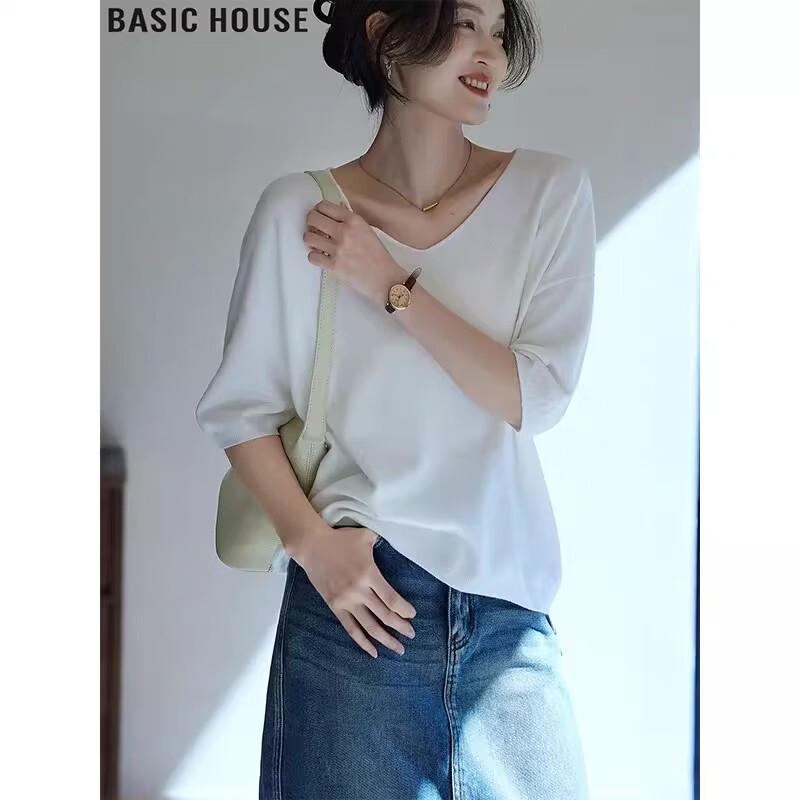 Basic House Women s V-Neck Knit Half Sleeve T-Shirt M