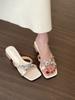 Fashion Hot Selling 2025 Summer Wear Rhinestone Crossover with Open Toe Square Toe Slippers for Women Small Block Heel Low Heel Slippers