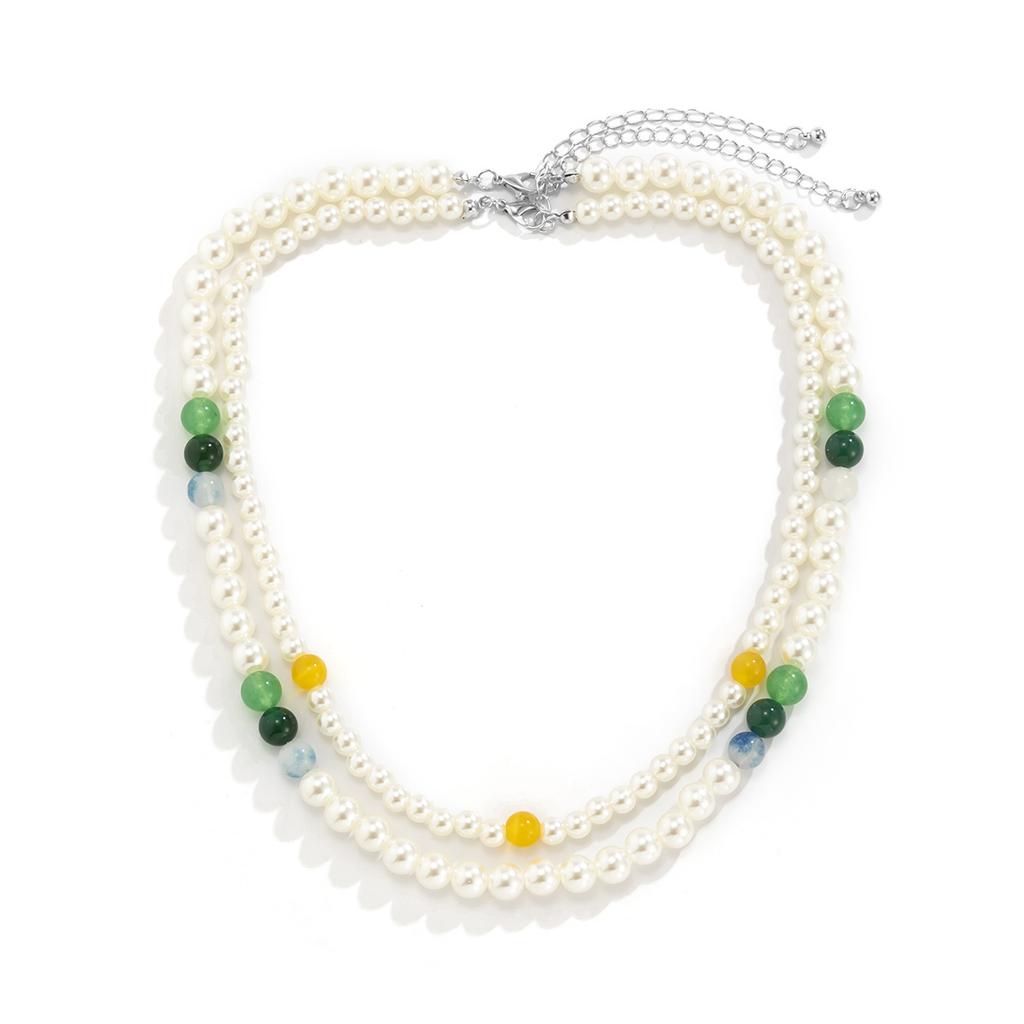Versatile Autumn Winter New Double Layer Stacked Colorful Spliced Pearl Men's Necklace