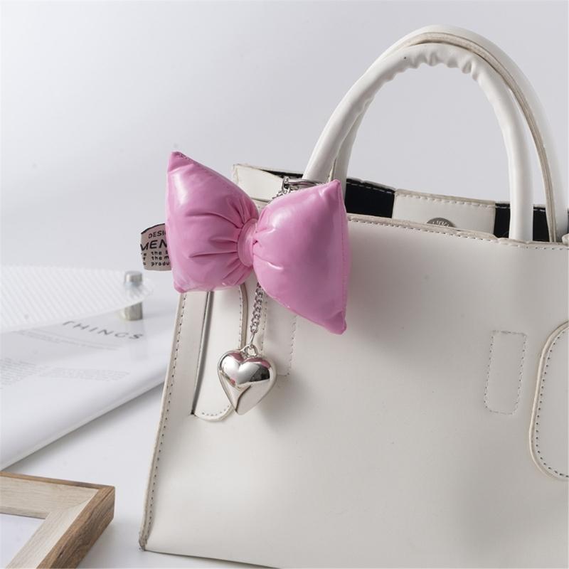 Sweet Lovely PU Leather Bowknot Heart Keychains Pendant Hangings Ornament Keyring Backpack Decoration for Women Girls