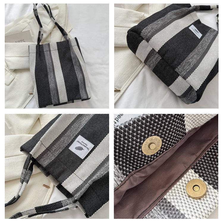 2023 Striped Canvas Tote Bag: Casual, Large Capacity, Autumn Fashion, Shoulder & Handheld