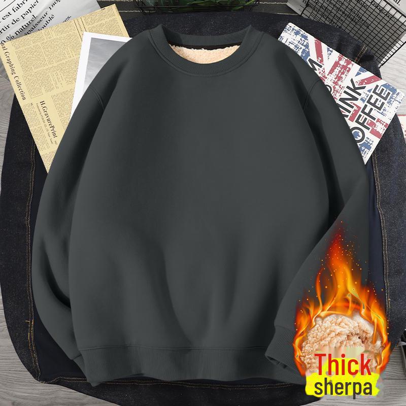 Men's Fleece-Lined Round Neck Sweatshirt, Thick Pullover, Long Sleeve, Hoodless, Large Size, Warm.