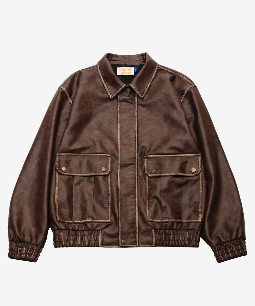 Golden Sunshine Washed Leather Bomber Jacket_Brown