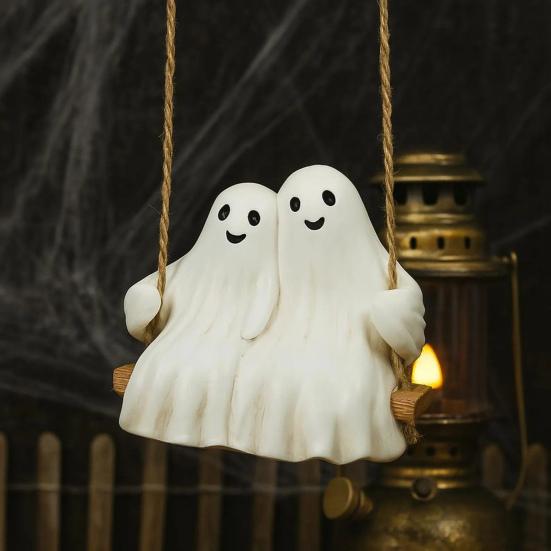 Yousheng Halloween Couple Ghost Swing Statue Resin White Ghost Swinging Figurine Cute Ghost Sculpture for Garden Patio Yard Decor