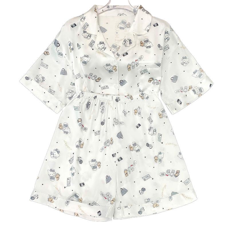 Cool Ice Silk Simple Cartoon Pajamas Women'S Summer Short-Sleeved Shorts Comfortable Loose Loungewear Set