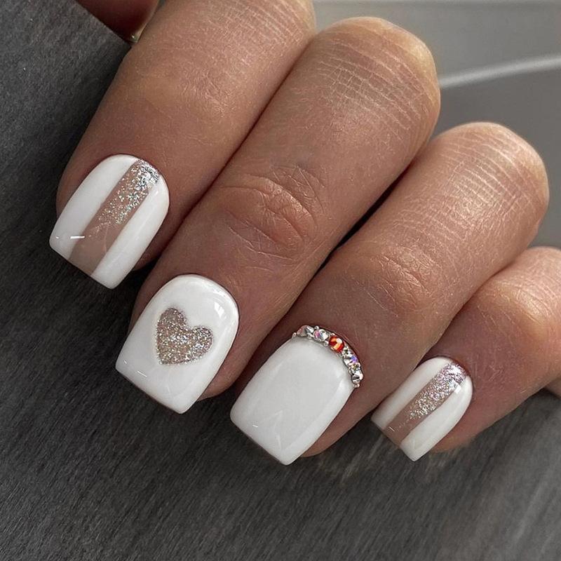 24Pcs Short French Press On Nails Pink Glitter Pearlized Fake Nail Tips Cute Natural Sweet