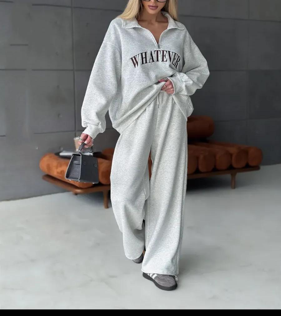 Europe, America, Cross-border, Women's Clothing 2025 New Fashion Casual Suit Printed Long-sleeved Sweater Zipper Trousers Two-piece Set