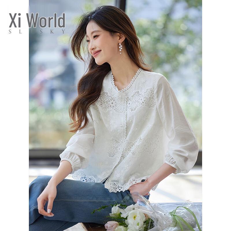 Women s French Lace Hollow Long Sleeve White Shirt S