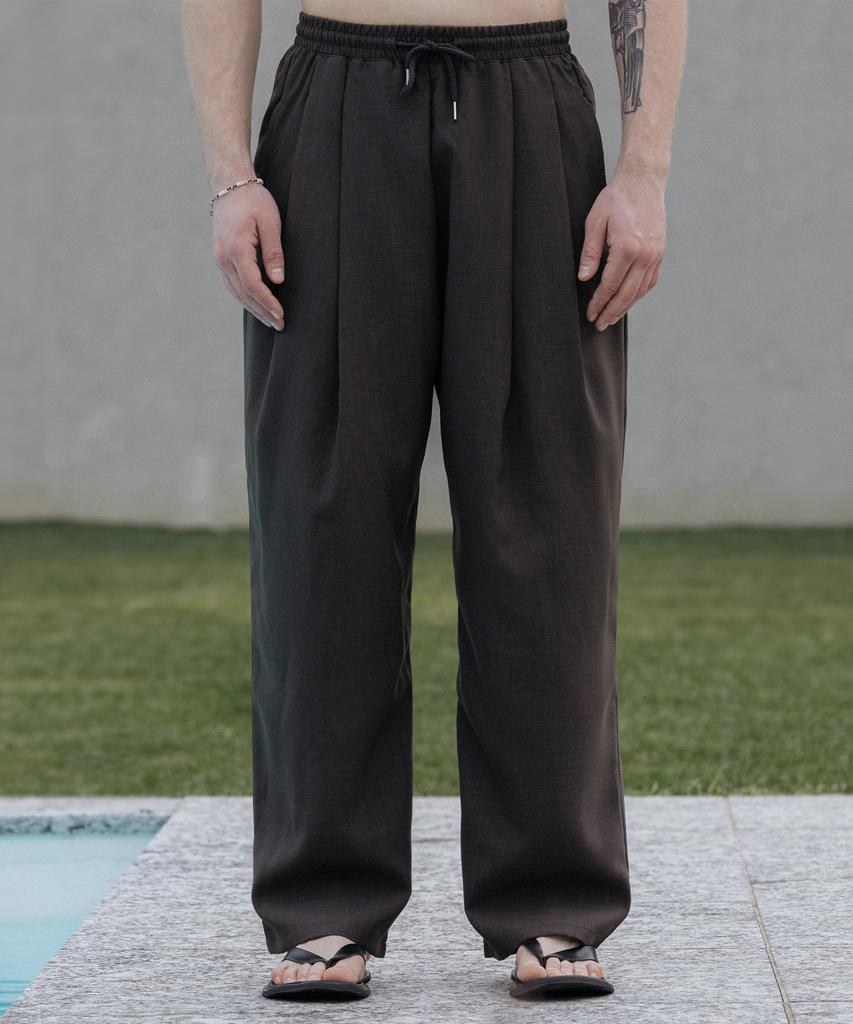 Dekkoloso Cool Linen-Like Double-Pleated Wrinkle-Free Wide Elastic Pants [Charcoal]