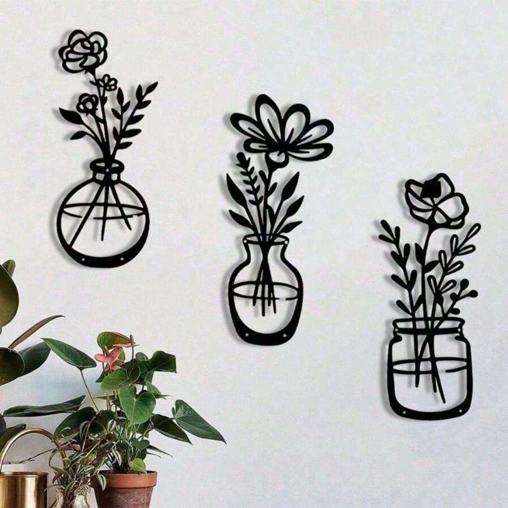 1/3pcs Black Metal Flower Vase Wall Art Modern Home Decor for Living Room Bedroom
