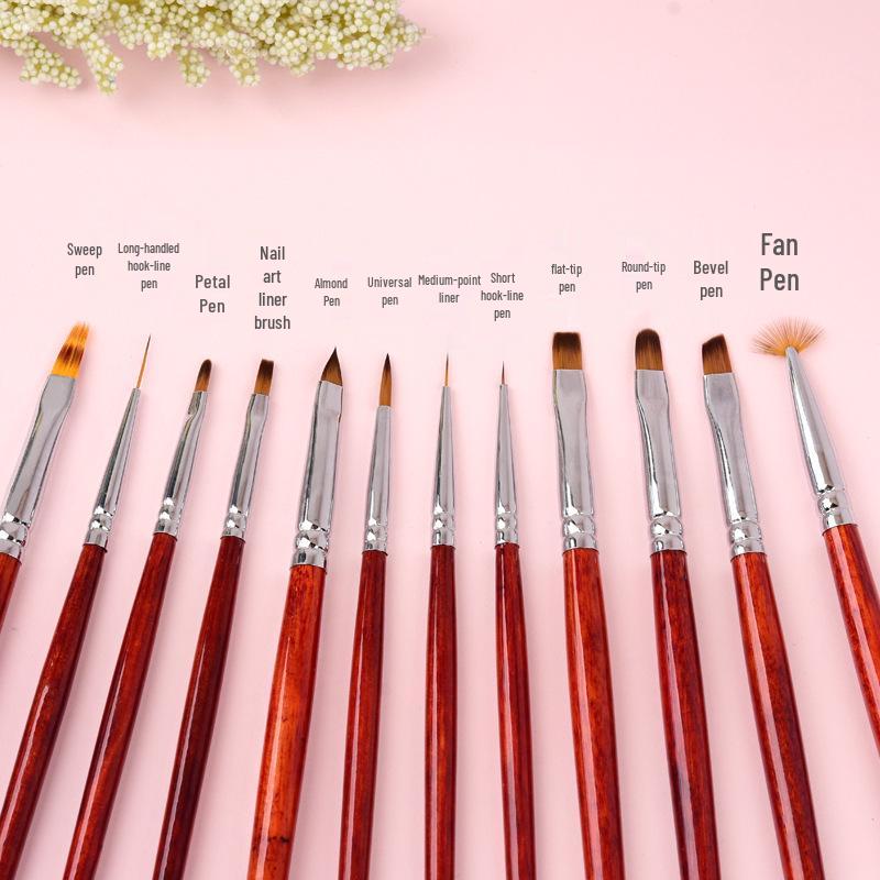Wooden Handle Nail Art Pen Set - Brushes for Salons, Liner, Round Head, Gel Polish, Carving, Gradient, Smudge.