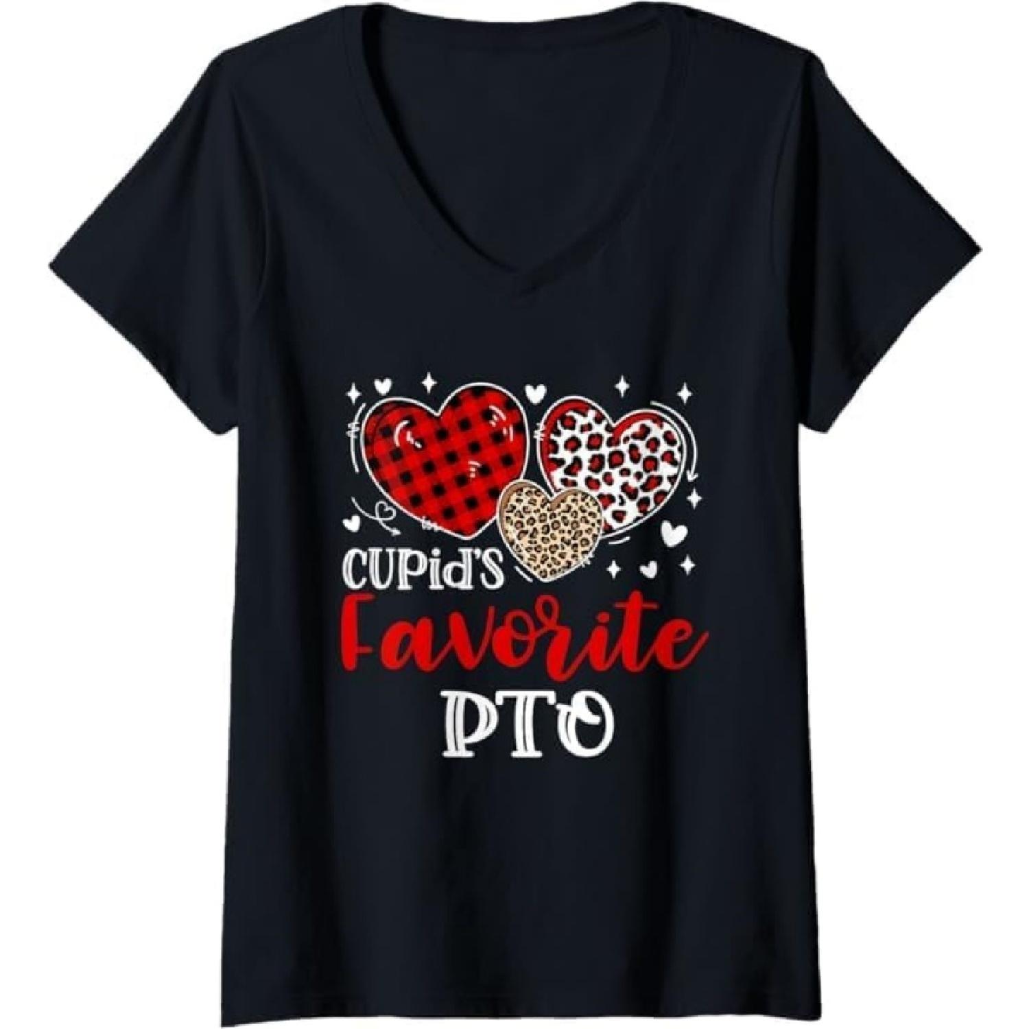 Womens Valentine s Day Cupid s Favorite PTO Heart Leopard V-Neck T-Shirt LTDV Mens Tank Top Sweatshirt Hoodie Longsleeve 634 Black S