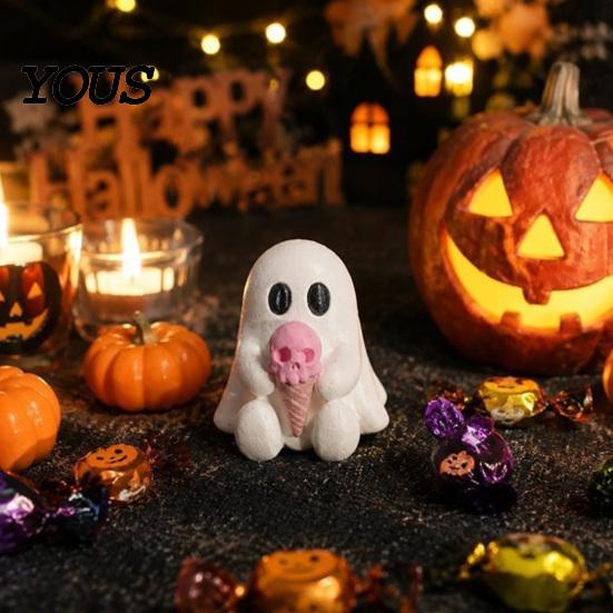 Skull Ice Cream Decor Halloween Mini Ghost Decorative Figurine, 3D Printed White Statue with Small Gothic Home Accents Pink Cream, Cute Desktop