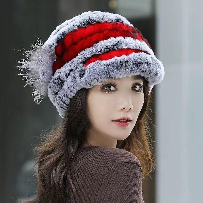 Rex Rabbit Fur Hat Genuine Fur Ear Protection Thick Warm Fashionable Fox Fur Flower Duckbill Cap New All-match Autumn and Winter Women's Hat