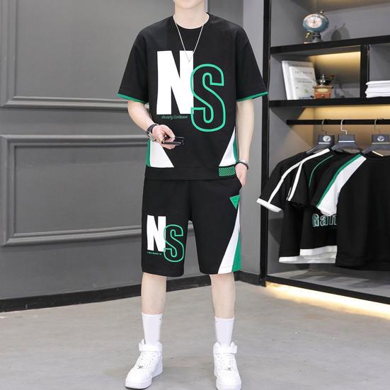2Pcs/Set Men Outfit O-neck Short T-shirt Elastic Leg Waist Wide Sleeve Pockets Shorts Set Letter Print Loose Fit