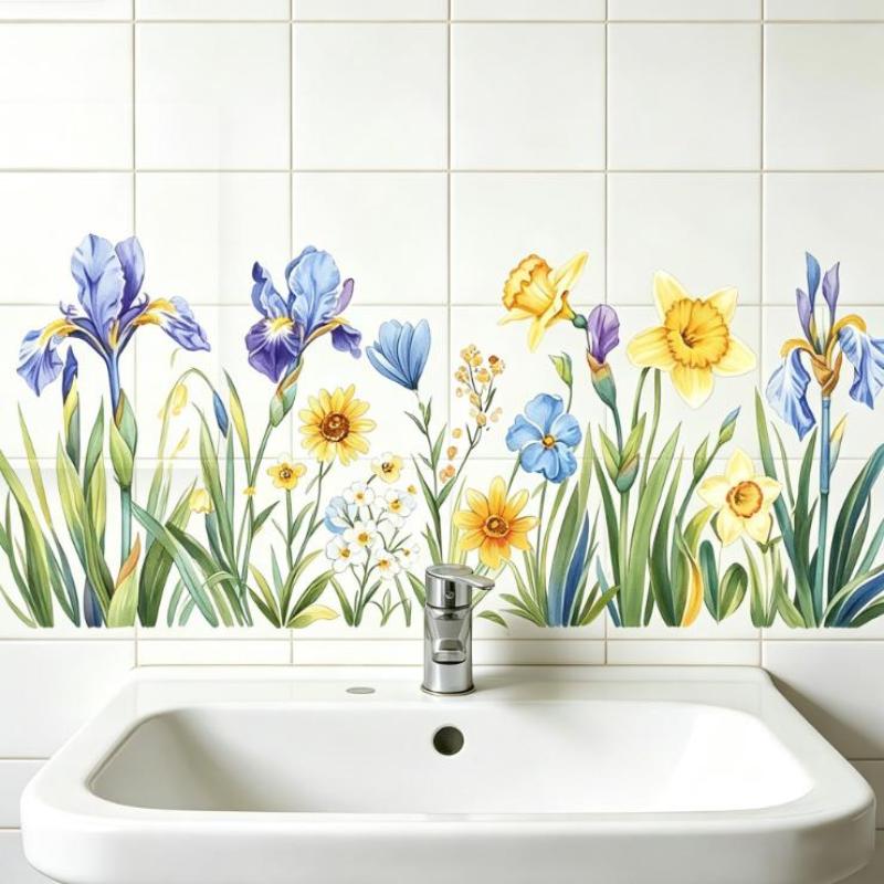 Fresh Flower Pattern Wall Sticker Waterproof Non-Marking Sink Area Background Decal for Bathroom Kitchen Decor