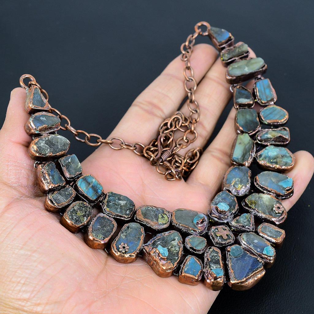 Labradorite Handmade Gemstone Necklace, Copper Electroformed Necklace Antique Jewelry, Adjustable Necklace Engagement Gift