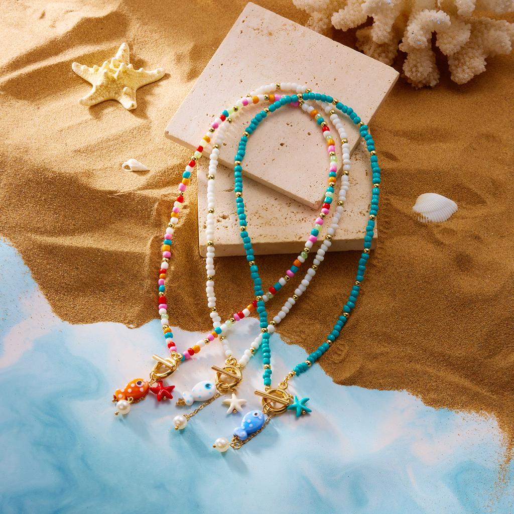 Trendy Bohemian Ceramic Fish Pendant Necklaces for Women Colorful Bead Rope Choker Necklaces Beach Jewelry Adjustable Gift