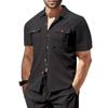 Summer European and American men's waffle short-sleeved casual solid color lapel button-up pocket tooling shirt
