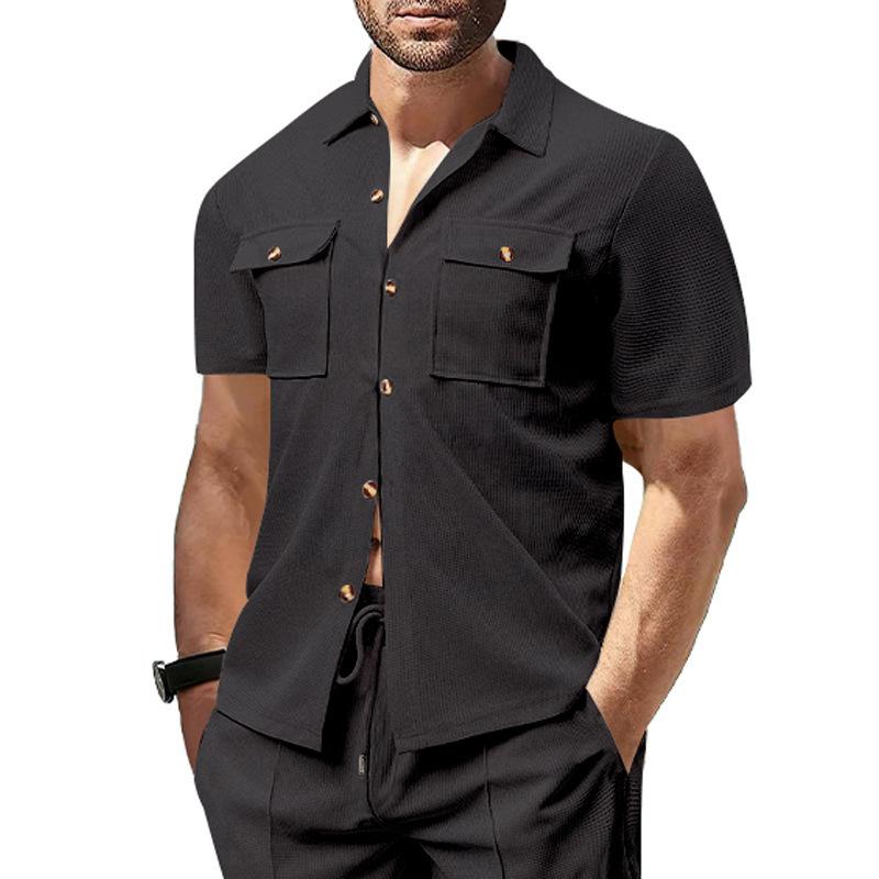 Summer European and American men's waffle short-sleeved casual solid color lapel button-up pocket tooling shirt