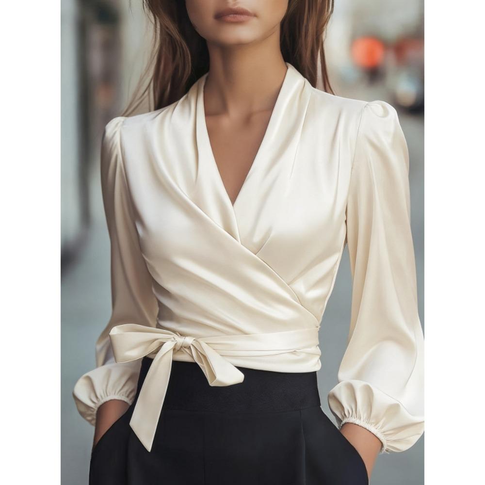 Women's V Neck Long Puff Sleeve Satin Wrap Blouse Self Tie Waist Elegant Office Crop Shirt