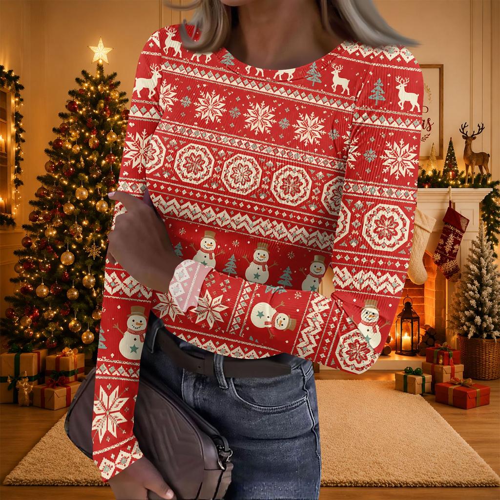 Women's Christmas Print Long Sleeve Round Neck Ribbed Knit Top