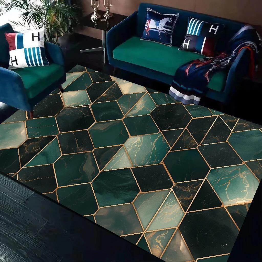 Dark Green Geometry Carpet Living Room Sofa Table Side Rug Golden Line Bedroom Decoration Rugs Parlor Study Decor Mat Non Slip