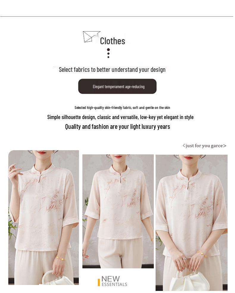 Elegant 2026 Summer Chinese Style Imitation Silk T-shirt with Gauze Sleeves for Middle-aged and Elderly Women