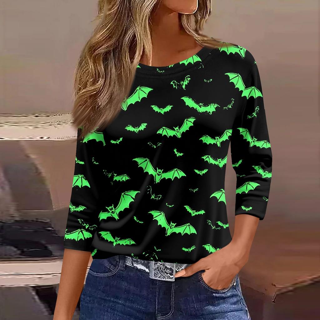 Women's Halloween Print 3/4 Sleeve Loose Fit Casual T-Shirt Round Neck Comfortable Top for Everyday Wear