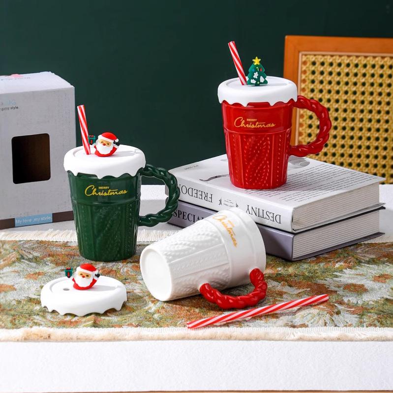 Christmas Cup with Straw Ceramic Cup with Lid with Women's Mug Santa Claus Casual Water Cup High Appearance