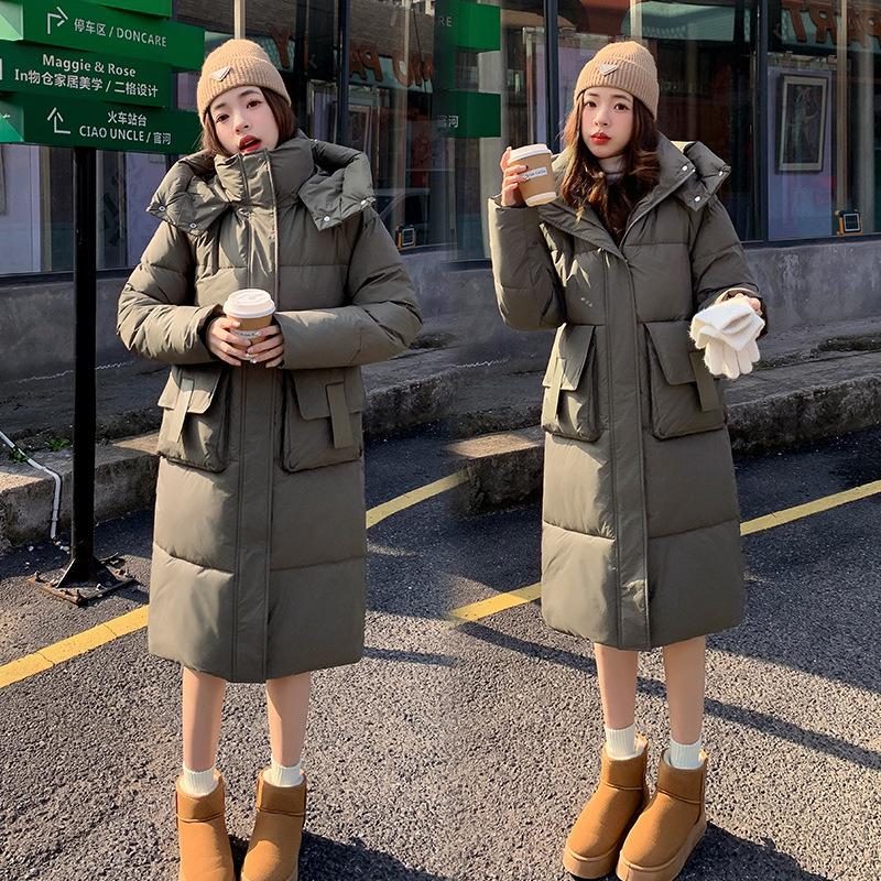 

Большого размера хлопковая женская средней длины зимняя утолщенная модная женская повседневная куртка с капюшоном XXL-150-85 kg армия зеленый