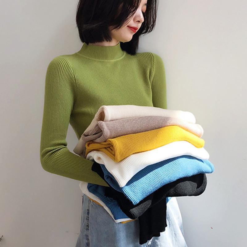 New Autumn Long Sleeve Base Knitted Sweater Women Winter Fashion Half High Collar Pullover Women Sweaters Vintage Slim Fit Solid Casual Knitwear 24970