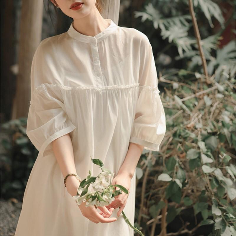 Johnature Women High Waist Casual Dresses Stand Nine Sleeve Solid Color Soft Cloth Summer Loose A-Line Dress