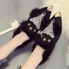 Fox Fur Women's Shoes Fashion Rhinestone Plus Velvet Shoes Flat-bottomed Beanie Shoes Plus Velvet