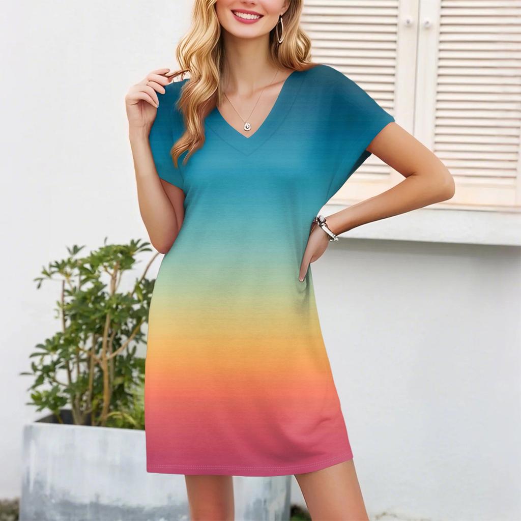 Damen Casual Mode Sexy V-Ausschnitt Kappenärmel Tasche Farbverlauf Kleid