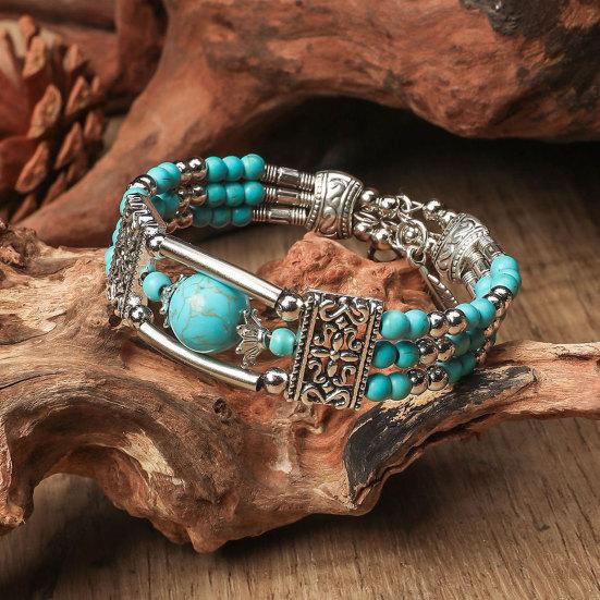 Women Bangle, Adjustable Chain Length Bracelet, Feather Pendant Turquoise Beaded Bracelet, Retro Bohemian Style Bracelet for Jewelry Gift