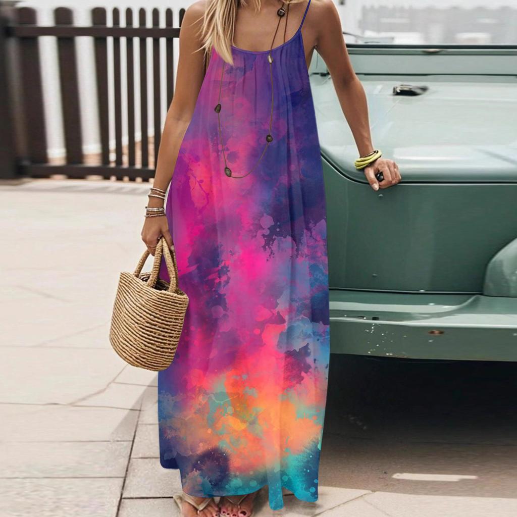 Dámské Módní Ležérní Volné Šaty s Květinovým Potiskem a Úzkými Ramínky Bez Zad