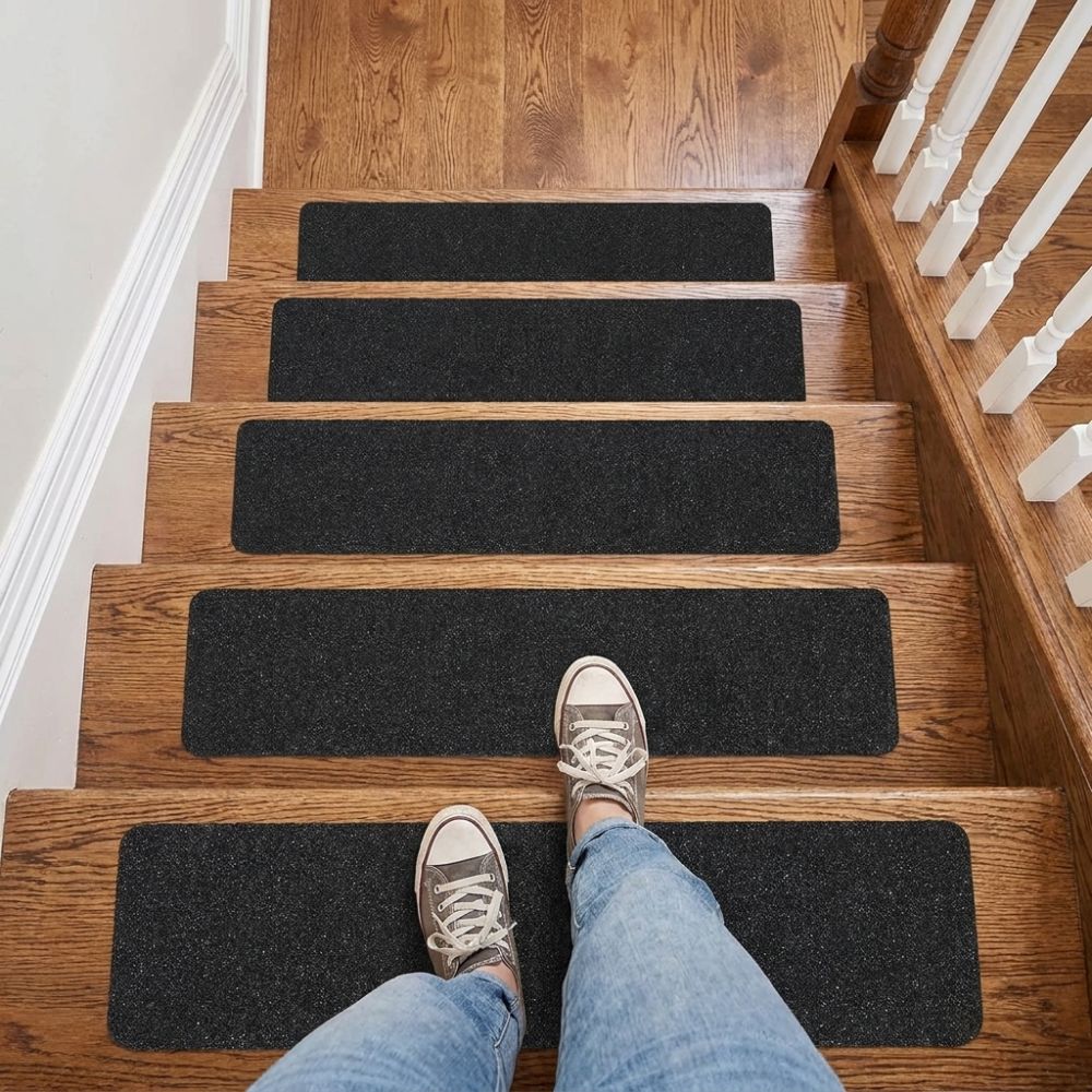 6Pcs Black Frosted Self‑Adhesive Stair Tread Mat Pre-Cut Self-Stick Stair Grip Tape Strips Waterproof Wear-Resistant