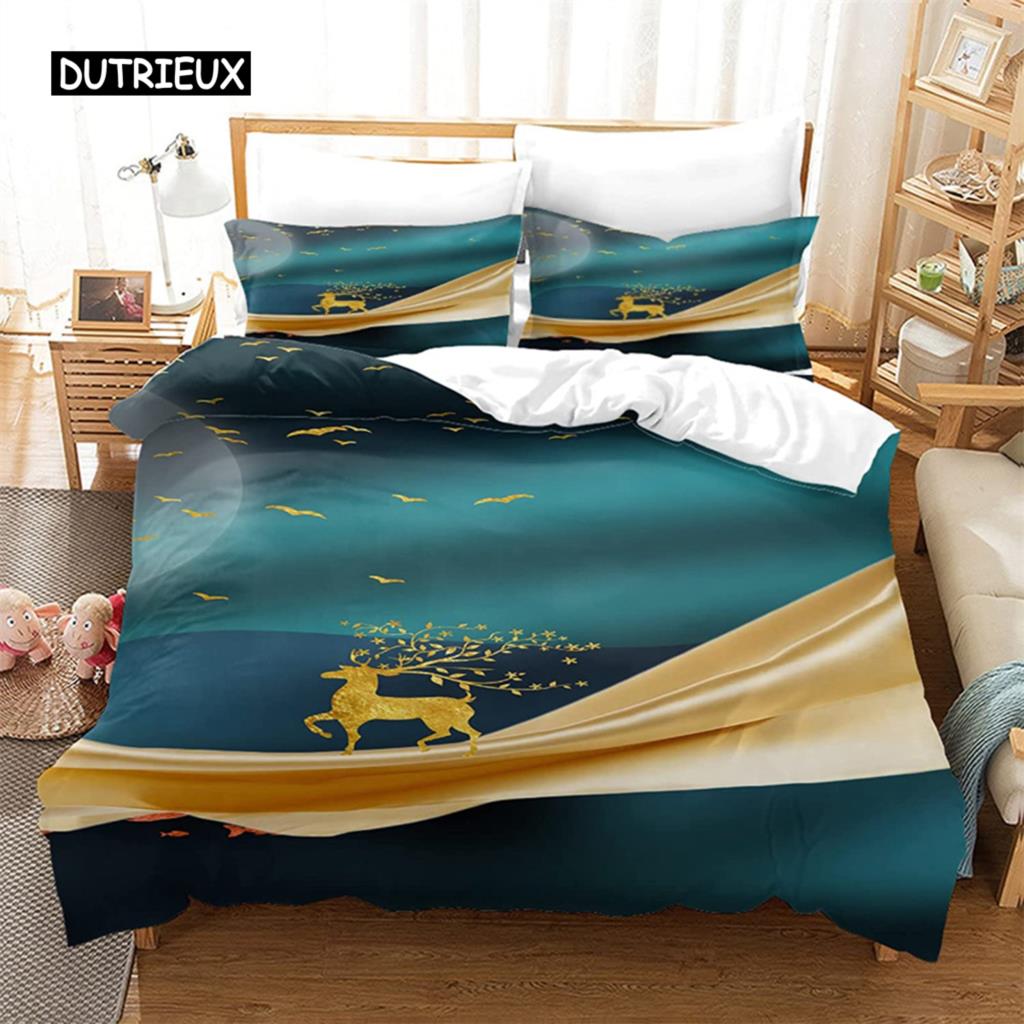 

Пододеяльник с изображением оленя и золотой птицы, комплект постельного белья Full Line Art, микрофибра, абстрактные геометрические олени, покрывало для спальни, декор EU single(135x200cm)