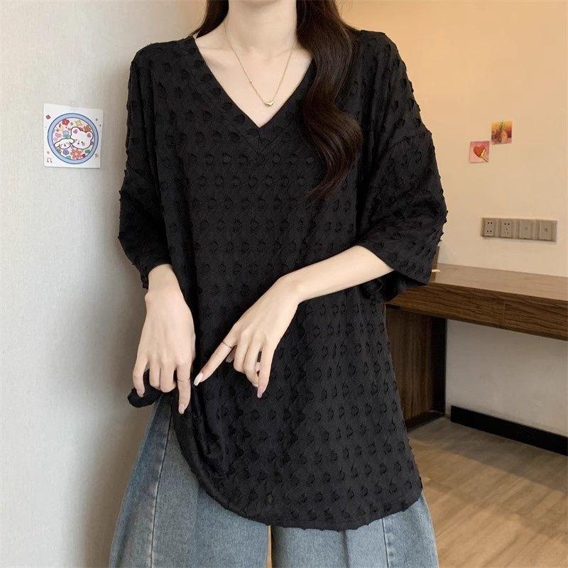 Mid-length Style V-neck T-shirt Loose Casual and Versatile Short-sleeved Top