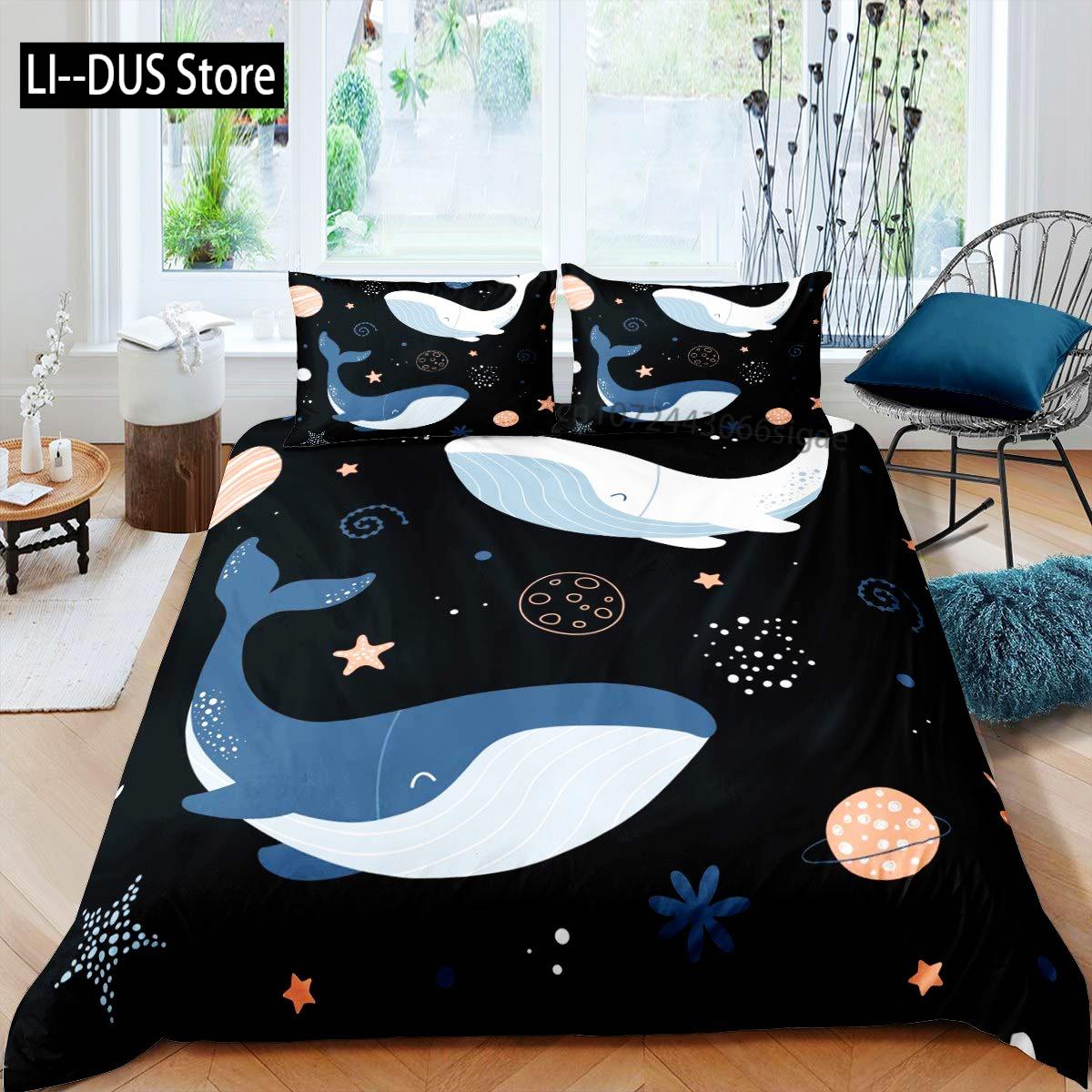 Abstract Whale Bedding Set Full Size with Pillowcase, Marine Animal Bedding Set 3pcs for Kids Boy Girls Room Decor, Soft Bedding 135x200cm
