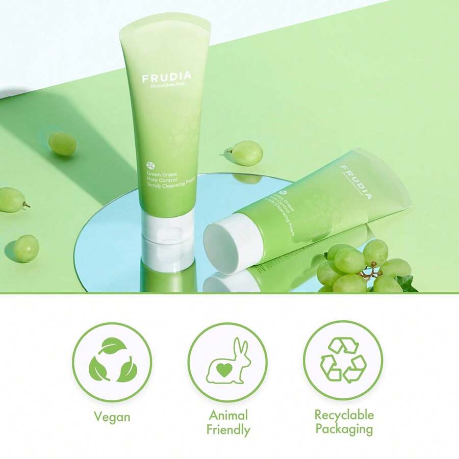 FRUDIA Green Grape Pore Control Face Cleanser Foam 145ml , Daily Facial Cleanser For Exfoliating And Pore Care