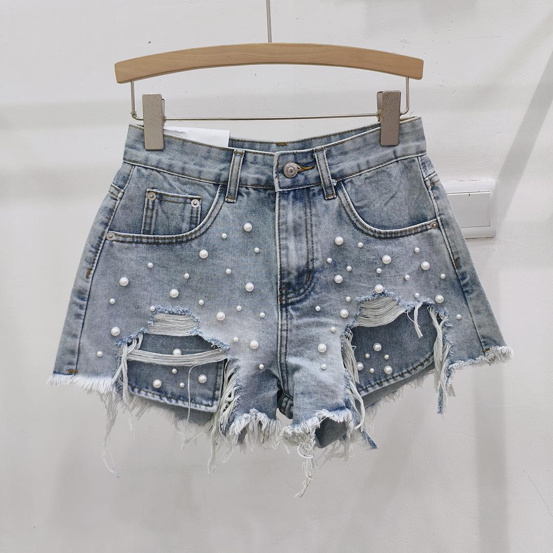 Summer design sense niche heavy industry beaded high waist denim shorts women ripped rough edge a word wide leg hot pants S светло-синий