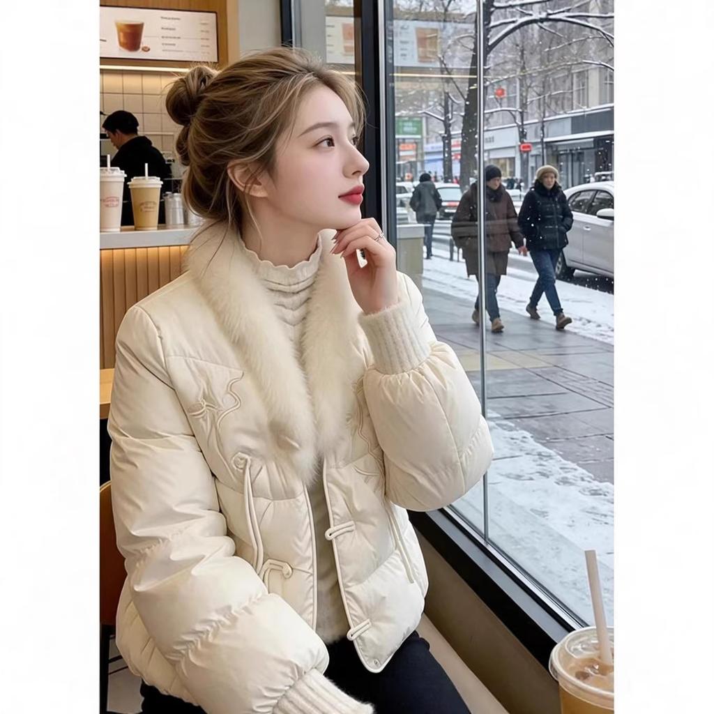 New Chinese-style pink age-reducing disc-buckled short cotton-padded clothes for women's autumn and winter new national style embroidered retro c