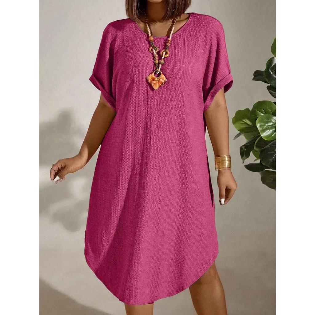 European and American Large-size Women's Clothing New Short-sleeved Solid Color Dress
