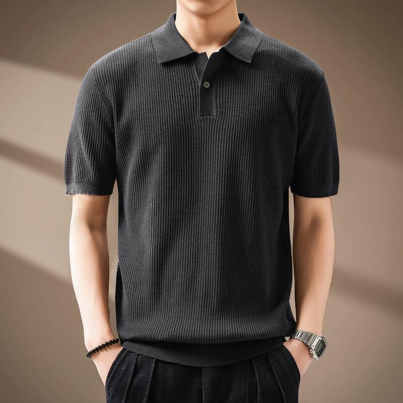 Men s Premium Ice Silk Striped Knitted Polo Shirt 2XL