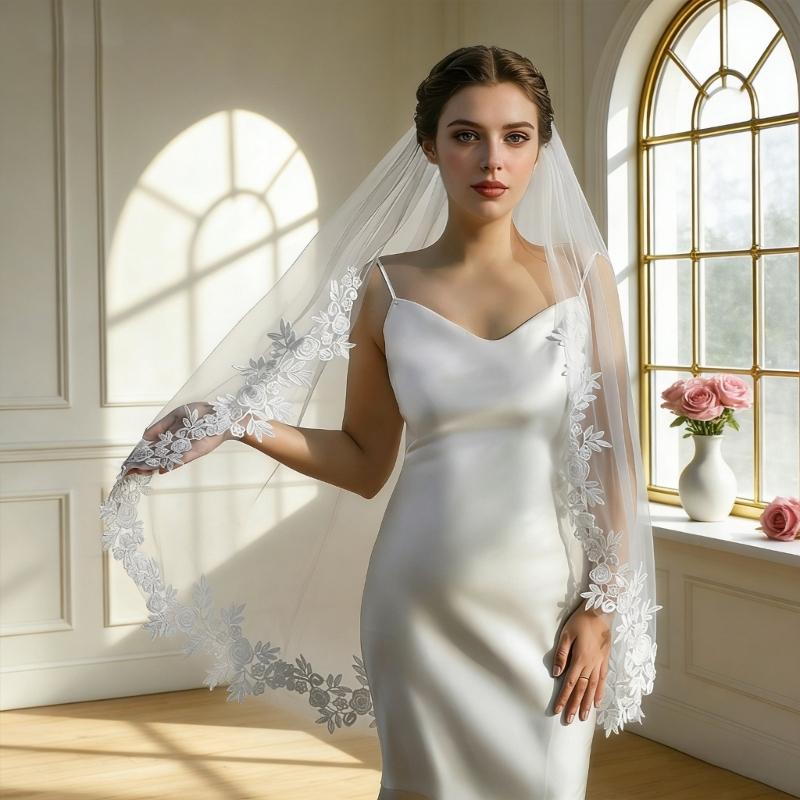Romance Bridal Veils with Lace Flower Trim and Metal Hair Comb for Wedding Ceremony and Special Event Bride Headpiece