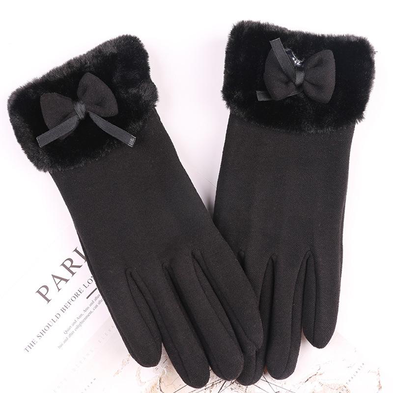 Women's Velvet Outdoor Cycling Bow Warm Gloves Windproof and Cold-proof Touch Screen Gloves